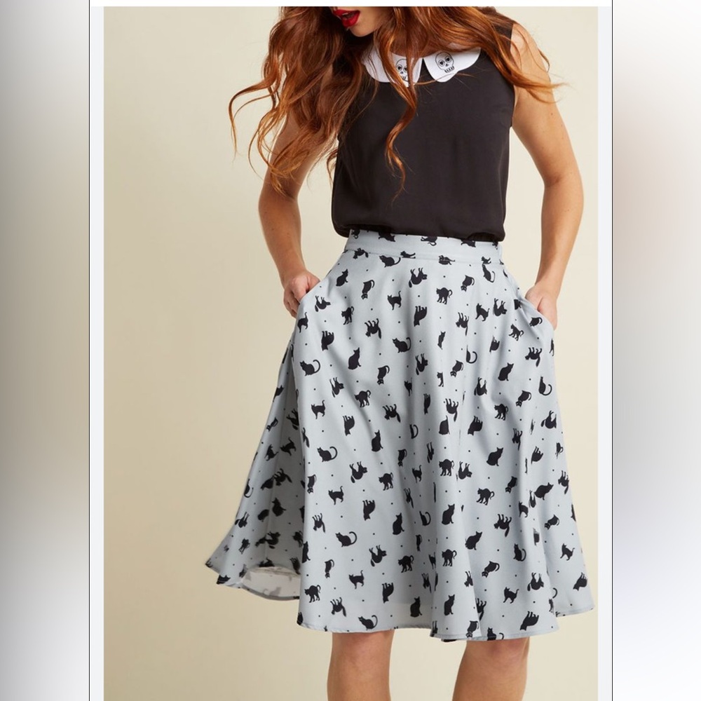 Modcloth Black‎ Cat Print Circle Skirt